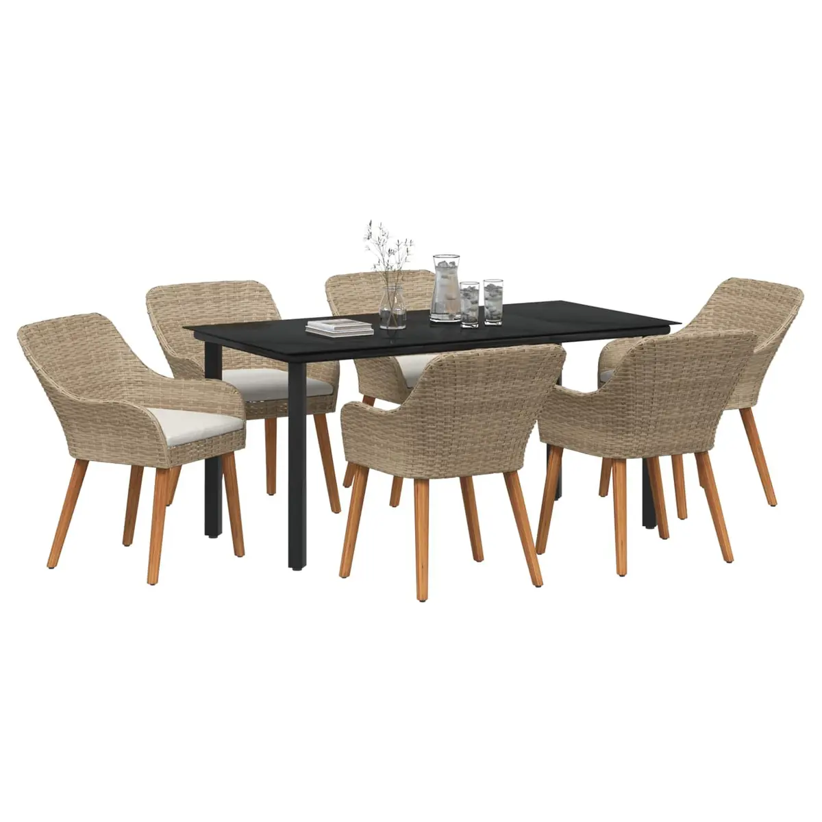 Outdoor Patio Furniture Set 7 Piece Modern Minimalist Beige Poly Rattan with Tempered Glass Top