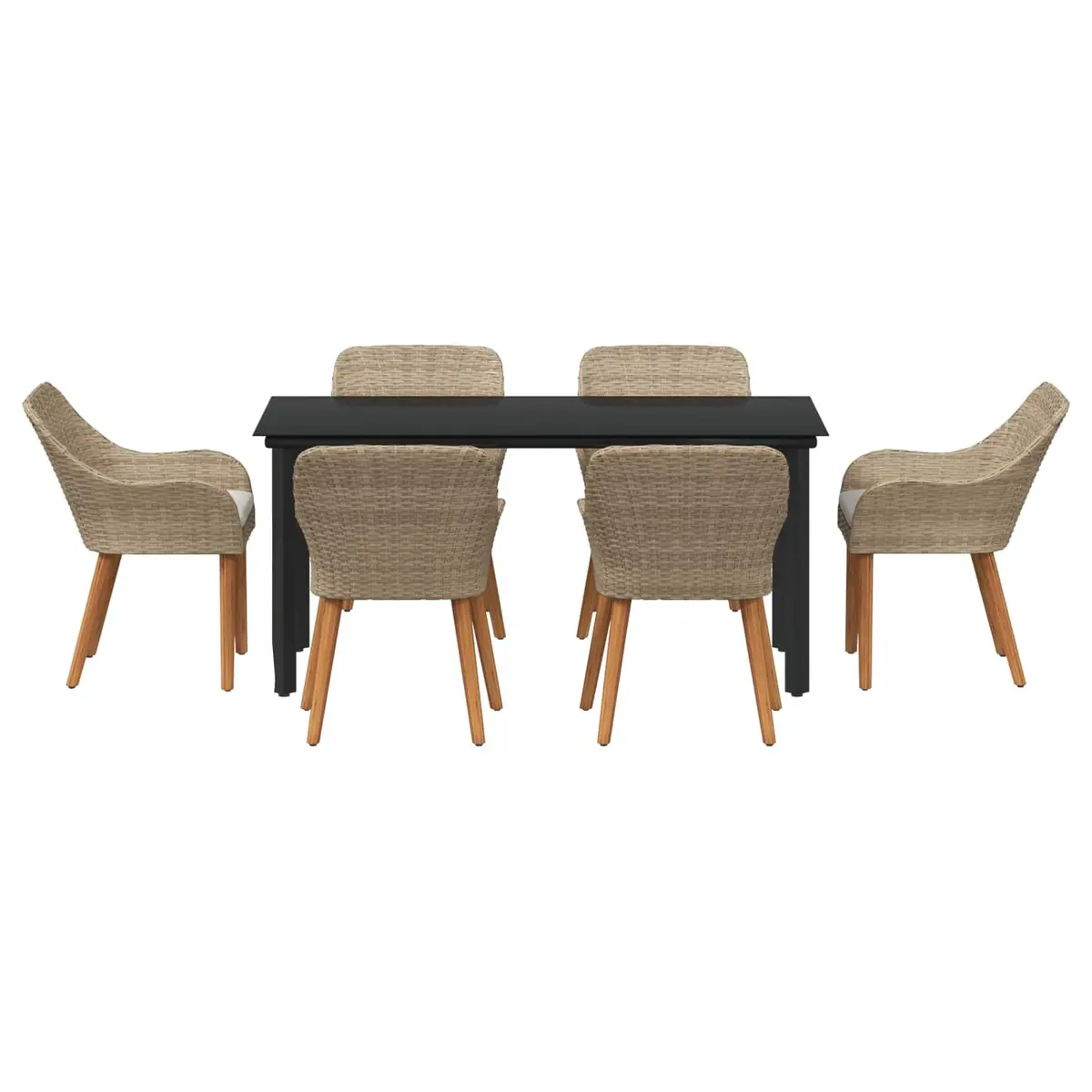 Outdoor Patio Furniture Set 7 Piece Modern Minimalist Beige Poly Rattan with Tempered Glass Top