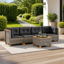 5 Piece Garden Sofa Set with Cushions Grey Outdoor Furniture Patio Rattan