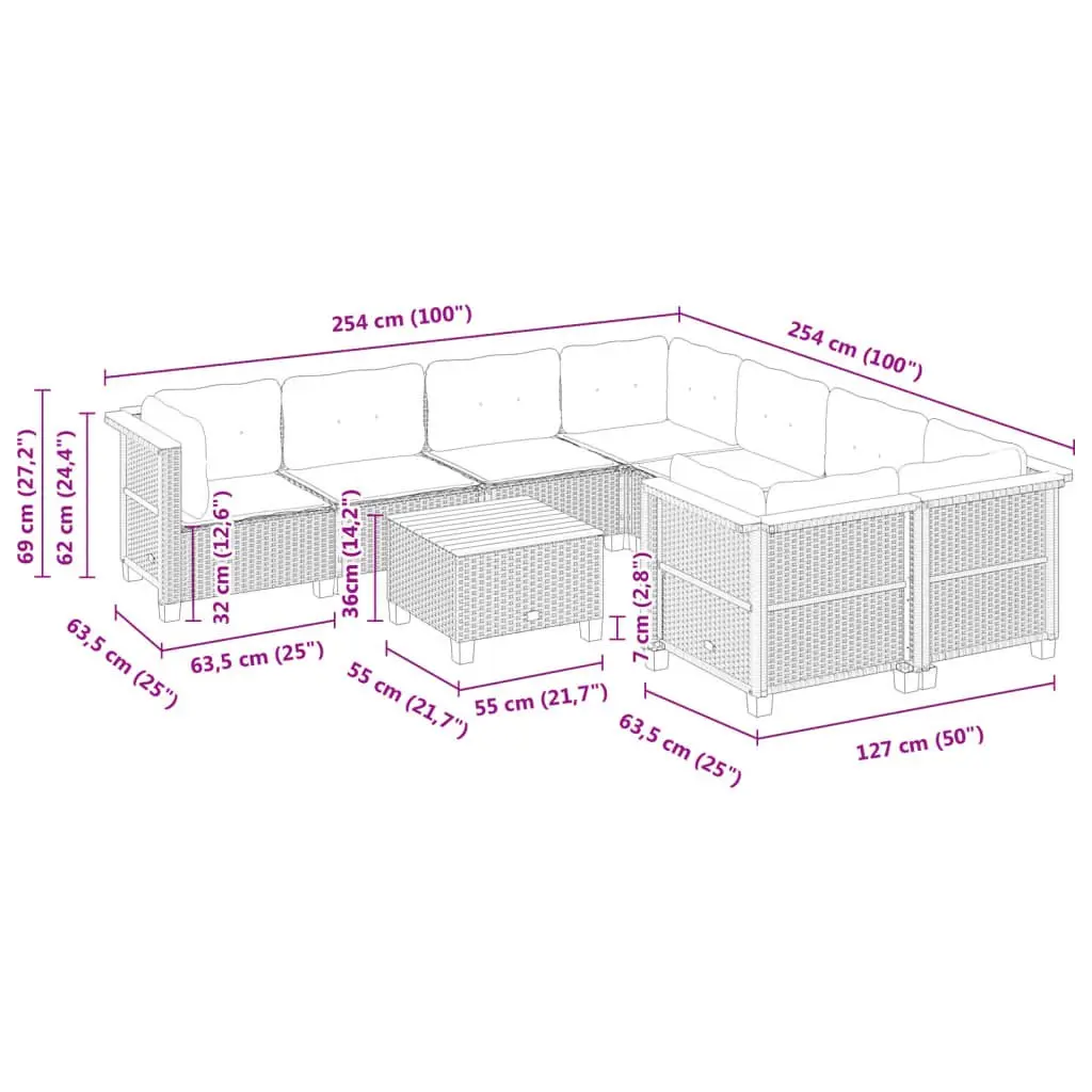 Garden Sofa Set 9 Piece Outdoor Furniture Patio Black Modular with Cushions