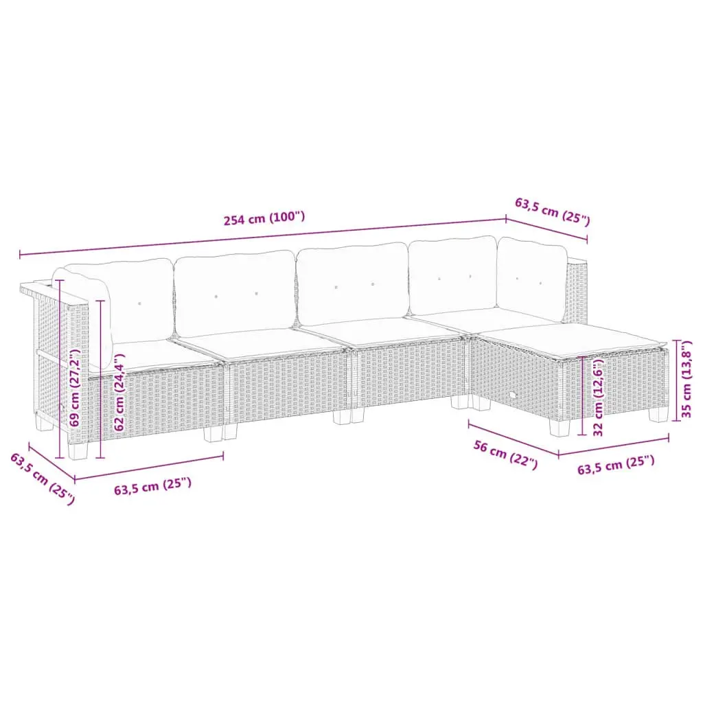 Outdoor Furniture Modular Garden Sofa Set 5 Piece Grey Poly Rattan with Cushions