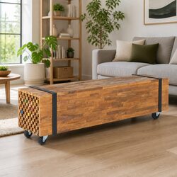 TV Stand 110x30x32.5cm Solid Teak Wood Industrial Style Living Room Storage Unit