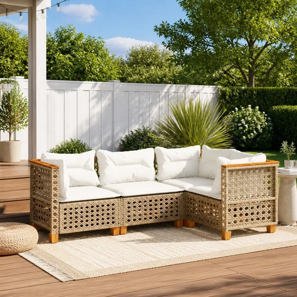 Outdoor Garden Sofa Set Modular Beige 4 Piece Poly Rattan Patio Furniture with Cushions