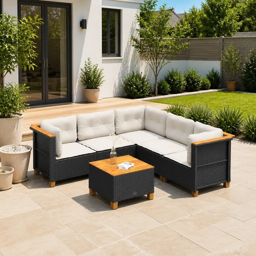6 Piece Modular Garden Sofa Set with Cushions Black PE Rattan