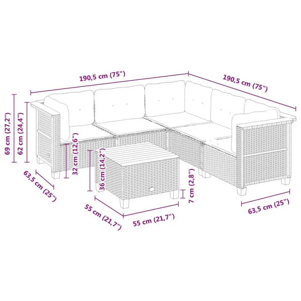 6 Piece Modular Garden Sofa Set with Cushions Black PE Rattan