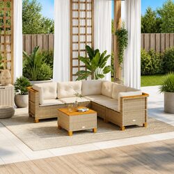 Garden Sofa Set 6 Piece Outdoor Furniture with Cushions Beige Rattan Patio