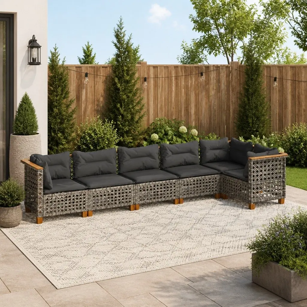 Outdoor Furniture Modular Garden Sofa Set 6 Piece Grey Poly Rattan with Thick Cushions