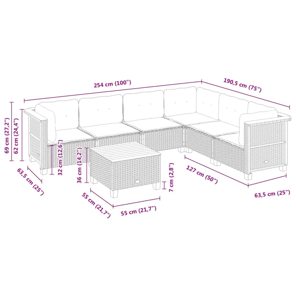 7 Piece Outdoor Garden Sofa Set Black Rattan with Cushions