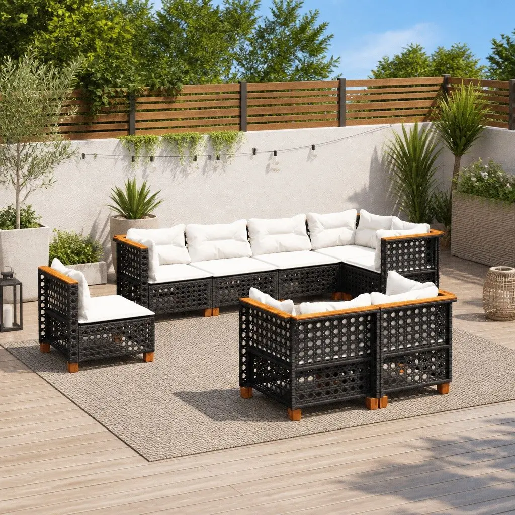 8 Piece Outdoor Modular Sofa Set with Cushions Black Rattan Furniture