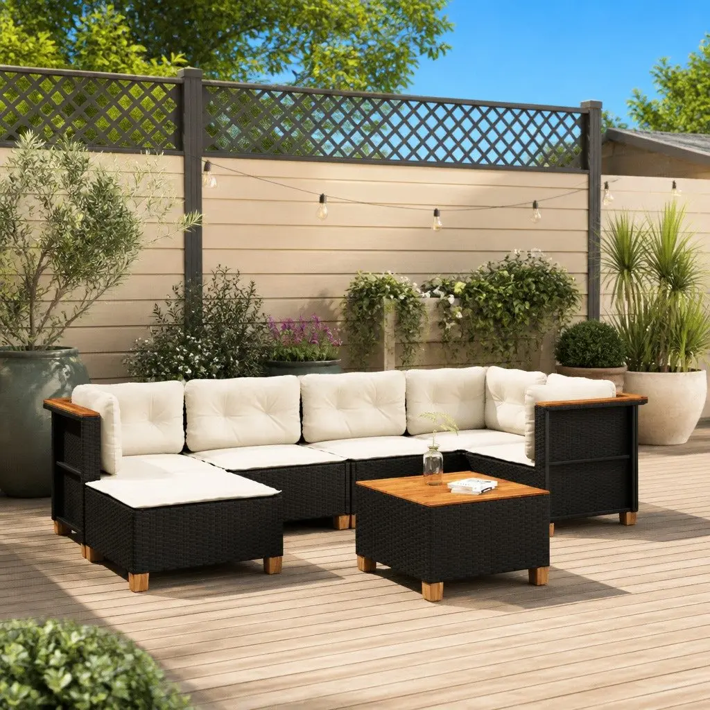 7 Piece Outdoor Garden Sofa Set with Cushions Black Poly Rattan Patio Furniture