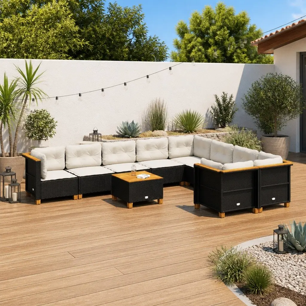 10 Piece Modular Outdoor Garden Sofa Set with Cushions Black Poly Rattan