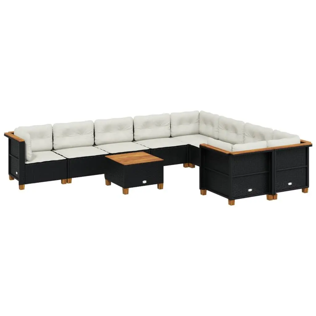 10 Piece Modular Outdoor Garden Sofa Set with Cushions Black Poly Rattan
