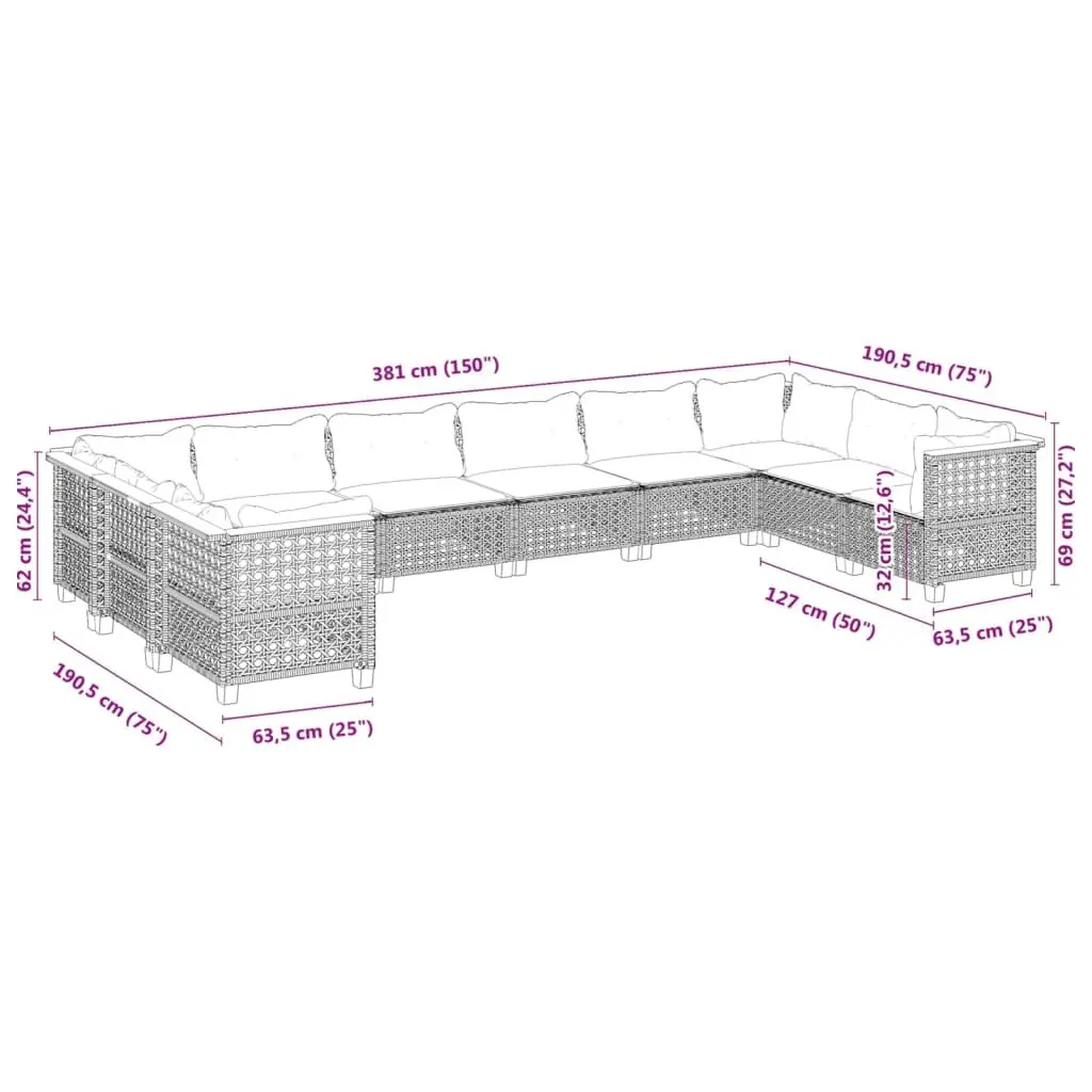 Modular Grey Rattan Garden Sofa Set 10 Piece Outdoor Furniture with Cushions