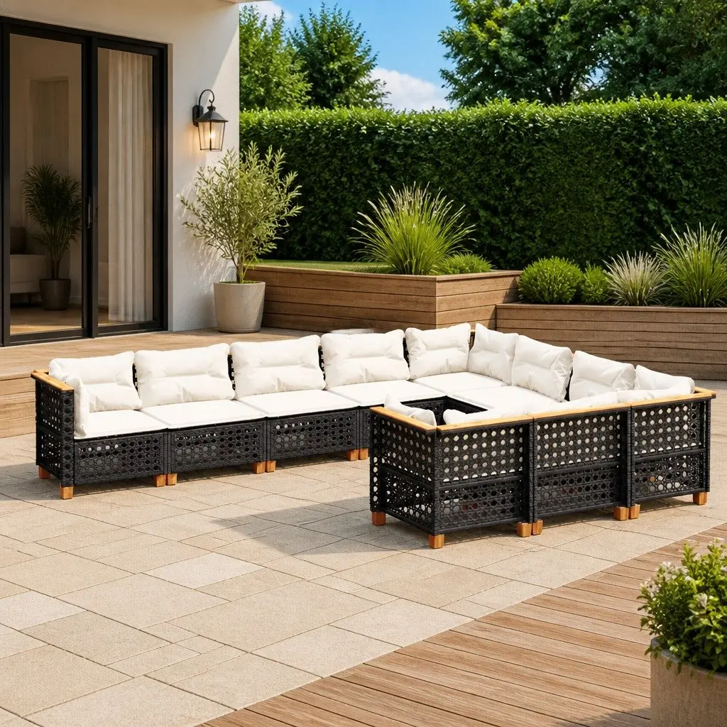 Modular Outdoor Sofa Set Black Rattan 10 Piece Durable Patio Furniture with Cushions
