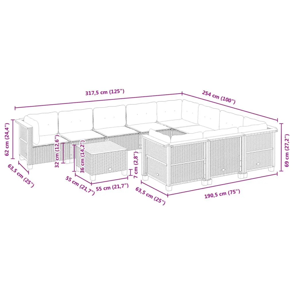 Garden Sofa Set 11 Piece Outdoor Furniture Patio Grey Poly Rattan with Cushions
