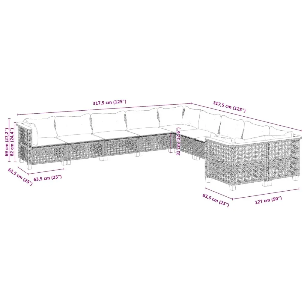 10 Piece Modular Outdoor Garden Sofa Set with Cushions Black