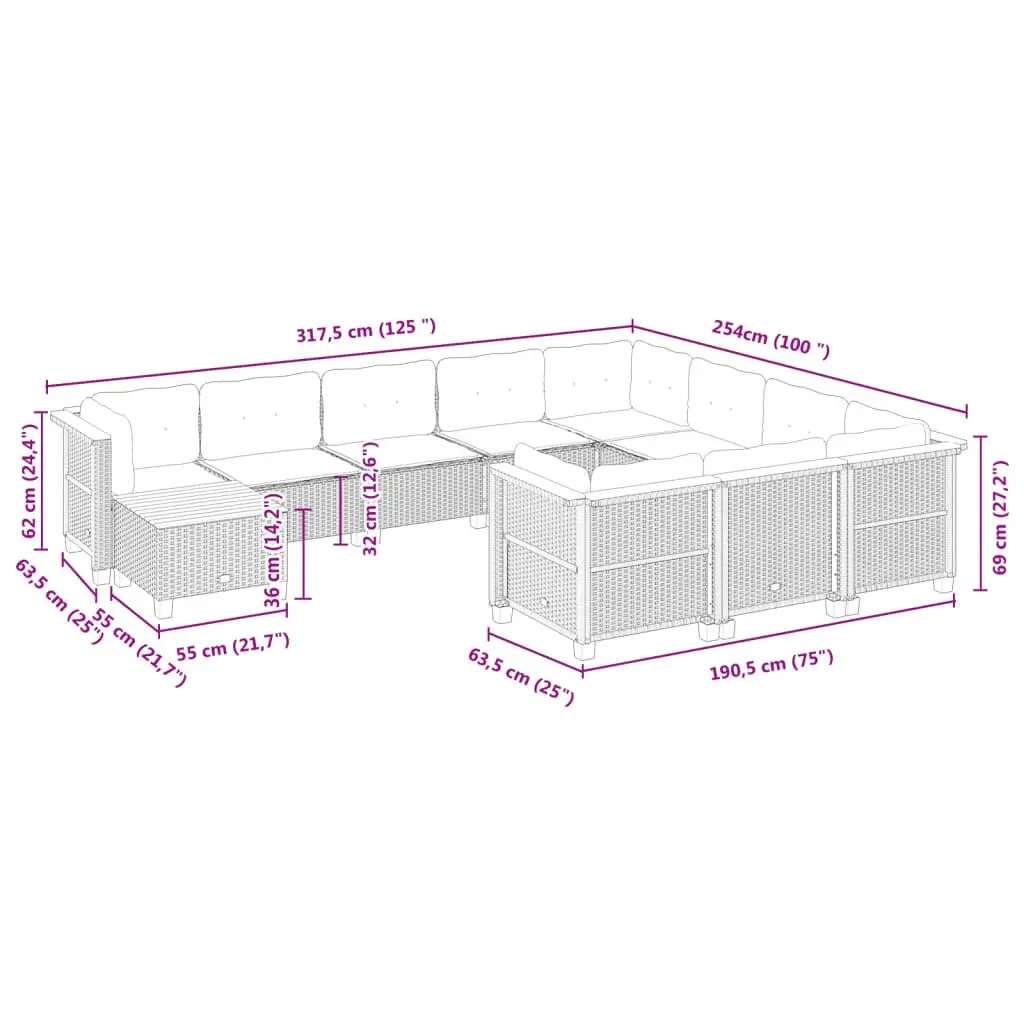 Garden Sofa Set Modular Grey 11 Piece Outdoor Furniture
