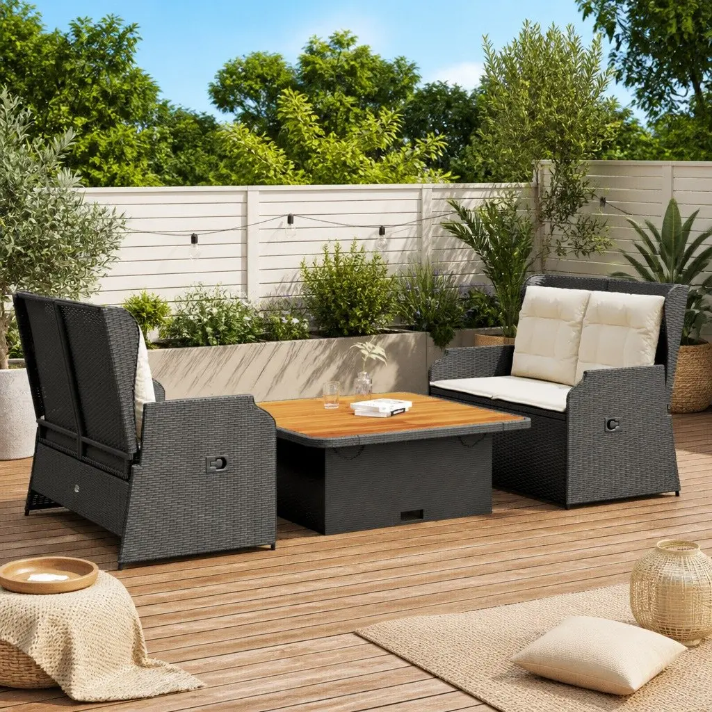 3 Piece Garden Lounge Set Black PE Rattan Outdoor Furniture with Cushions