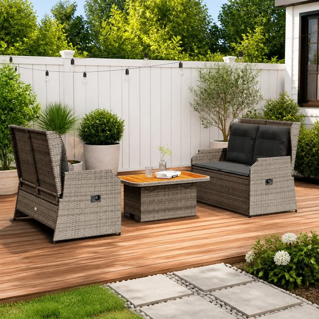 Garden Lounge Set Grey Poly Rattan 3 Piece Outdoor Furniture with Adjustable Backrest and Cushions