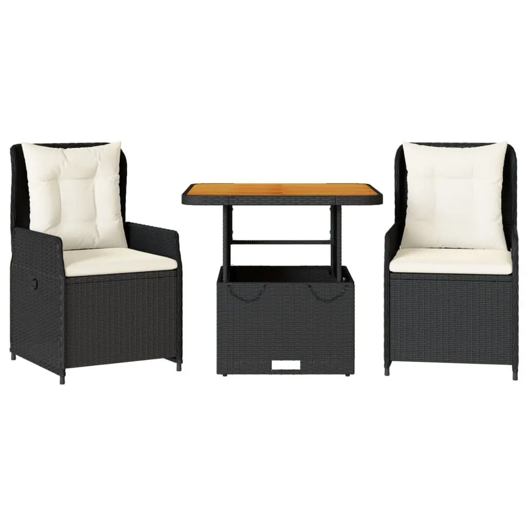 3 Piece Bistro Set with Adjustable Backrest Cushions Black Garden Patio