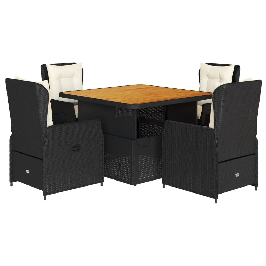 5 Piece Garden Dining Set Black PE Poly Rattan Outdoor Furniture with Adjustable Backrests and Cushions