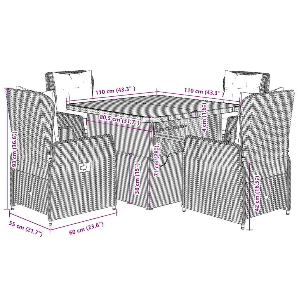 5 Piece Garden Dining Set Black PE Poly Rattan Outdoor Furniture with Adjustable Backrests and Cushions