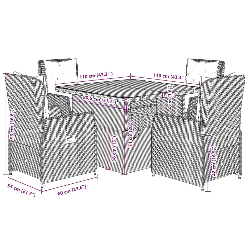 5 Piece Garden Dining Set Adjustable Table Grey PE Rattan Furniture with Cushions