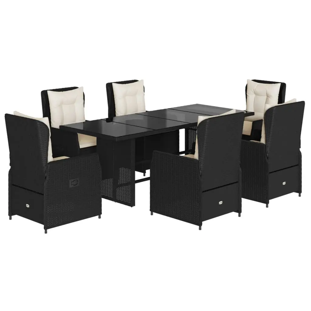 7 Piece Outdoor Dining Set Black Poly Rattan with Cushions and Adjustable Backrest
