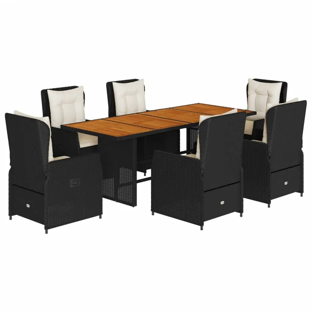 Garden Dining Set 7 Piece Outdoor Patio Furniture Black Poly Rattan with Acacia Wood Tabletop and Adjustable Backrest Chairs