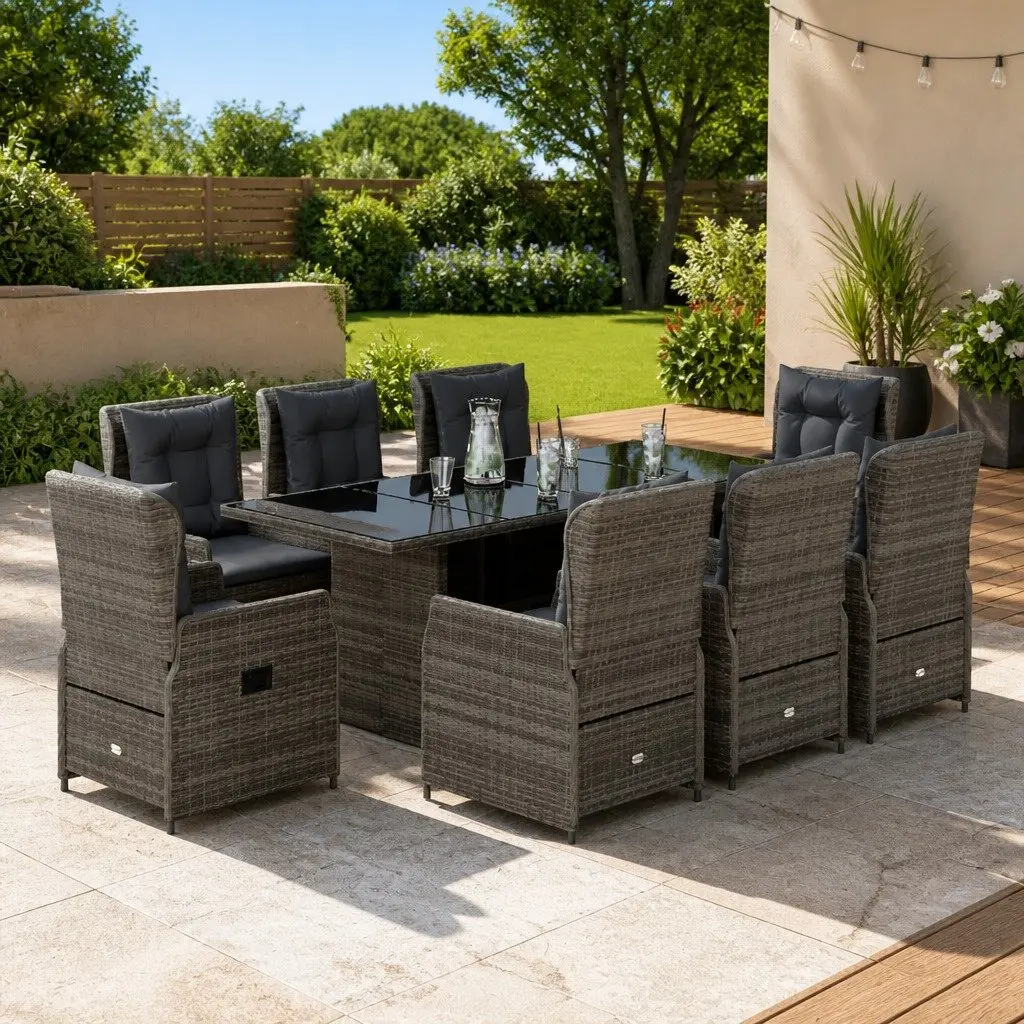 Garden Dining Set 9 Piece Outdoor Patio Furniture with Cushions Grey Rattan