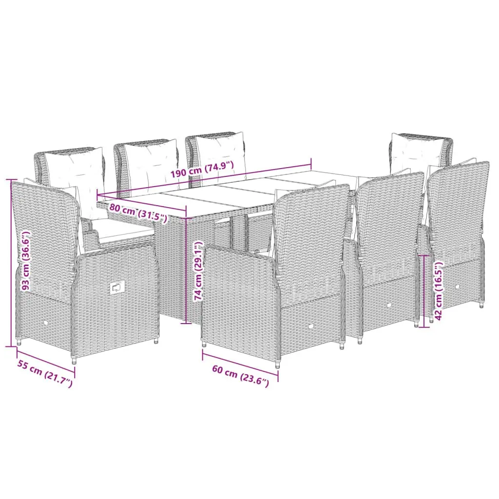 Garden Dining Set 9 Piece Outdoor Patio Furniture with Cushions Grey Rattan