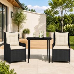 3-Piece Outdoor Garden Dining Set Black Poly Rattan with Cushions Padded Chairs