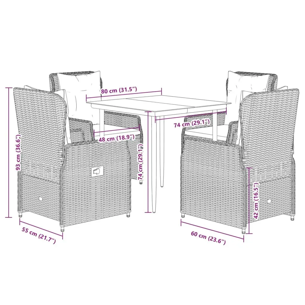 5 Piece Patio Dining Set Black Weather Resistant PE Rattan Cushioned Adjustable Backrest Glass Top Table