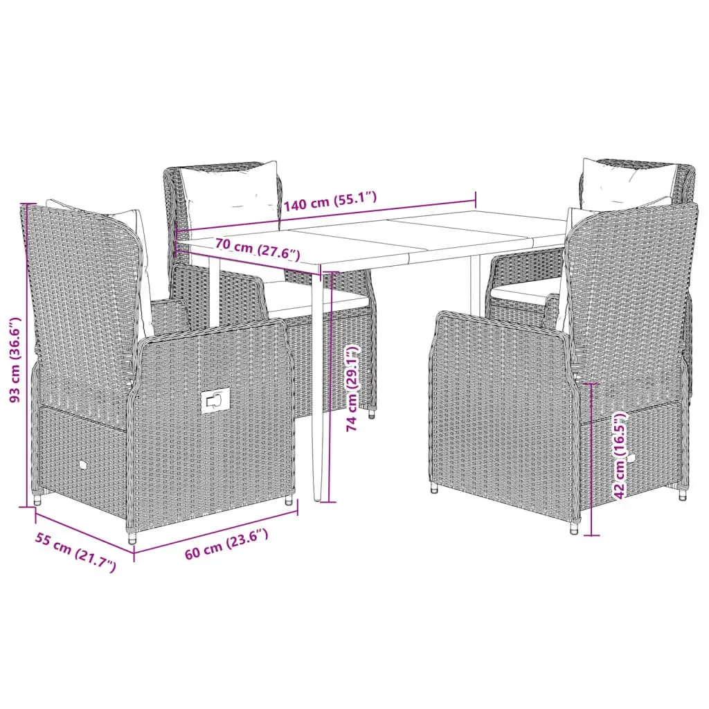 5 Piece Outdoor Garden Dining Set Black Poly Rattan Adjustable Backrest Glass