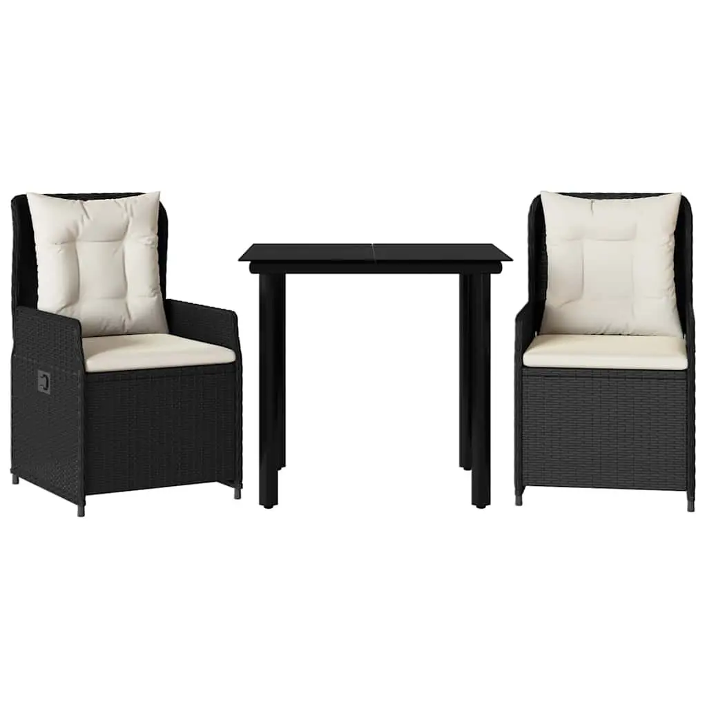 Garden Dining Set 3 Piece Black PE Rattan Outdoor Furniture with Cushions