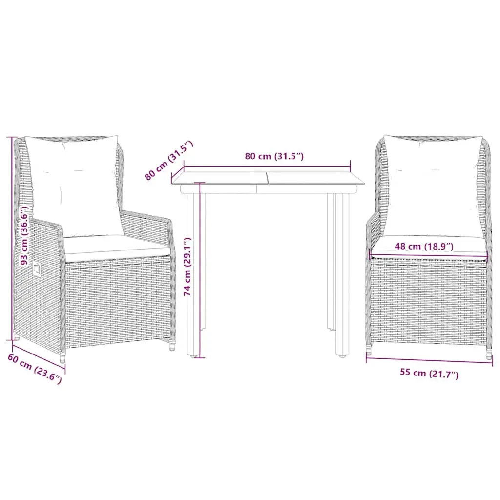 Garden Dining Set 3 Piece Black PE Rattan Outdoor Furniture with Cushions