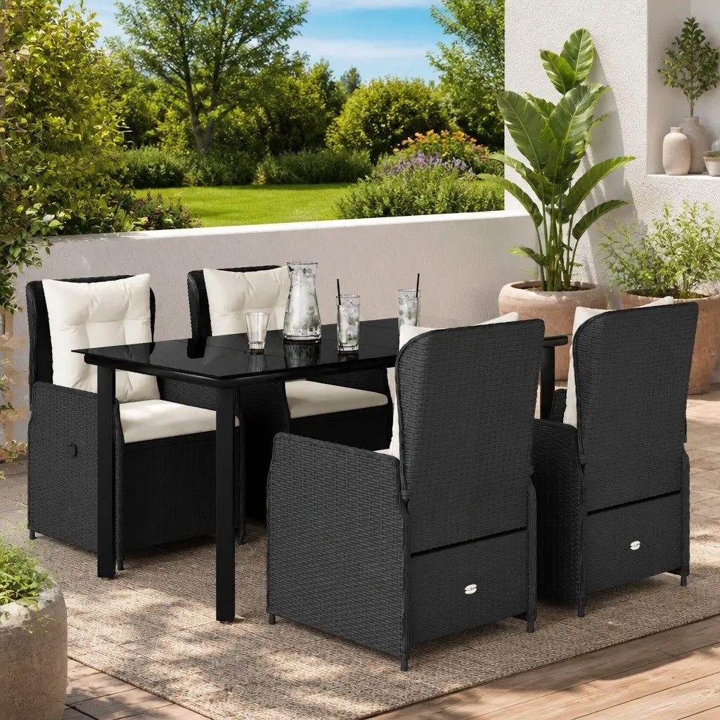 Black Garden Dining Set 5 Piece Outdoor Furniture Poly Rattan with Cushions