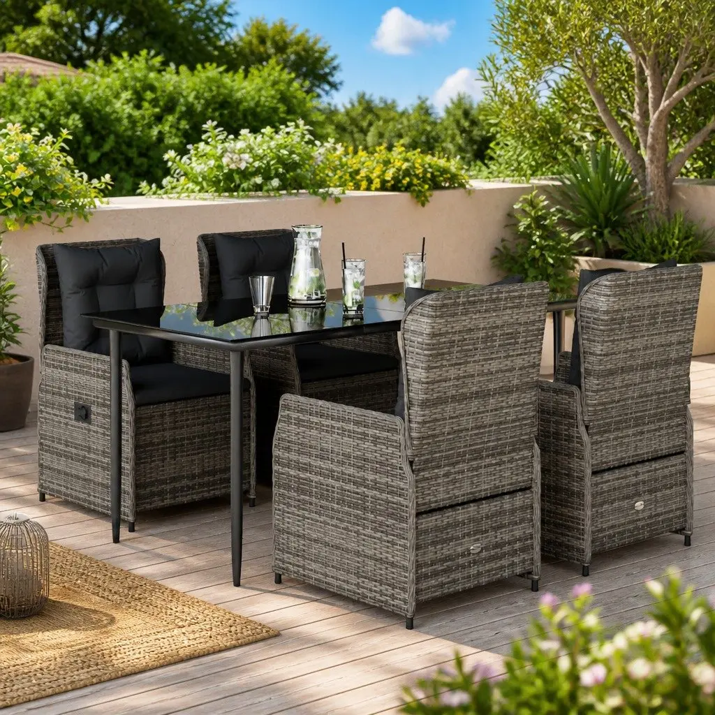 Garden Dining Set 5 Piece Grey Poly Rattan with Cushions