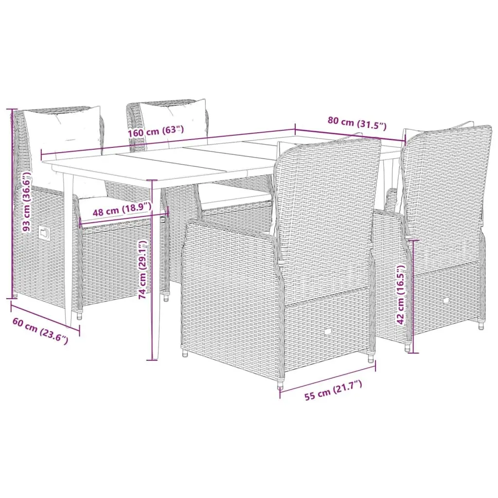 Garden Dining Set 5 Piece Grey Poly Rattan with Cushions