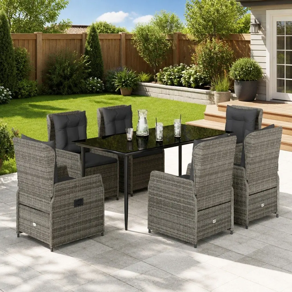 Garden Dining Set 7 Piece Grey PE Rattan Outdoor Furniture with Cushions and Adjustable Backrest