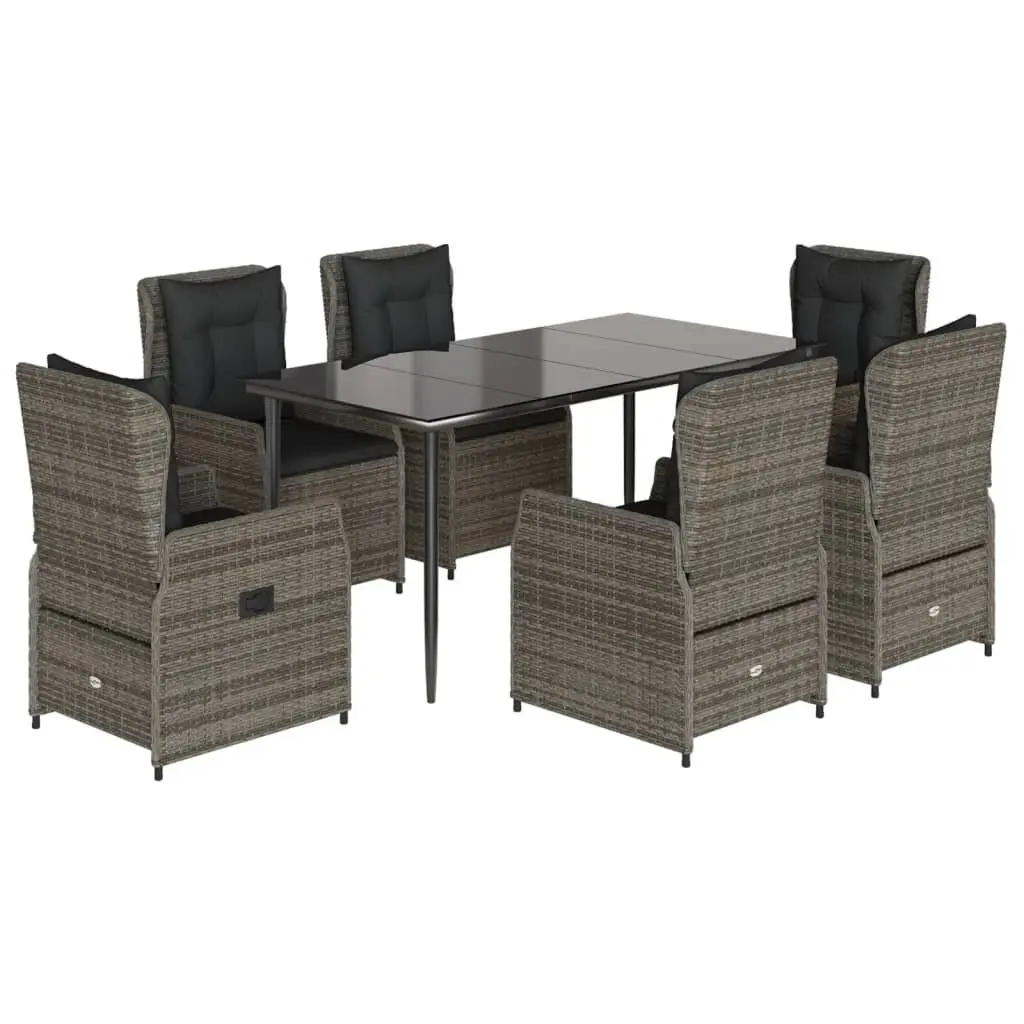 Garden Dining Set 7 Piece Grey PE Rattan Outdoor Furniture with Cushions and Adjustable Backrest