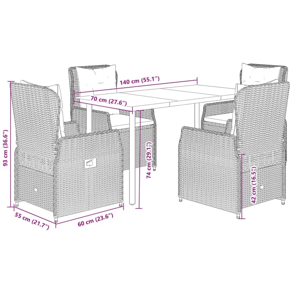 Garden Dining Set Adjustable Backrest 5 Piece Grey Poly Rattan