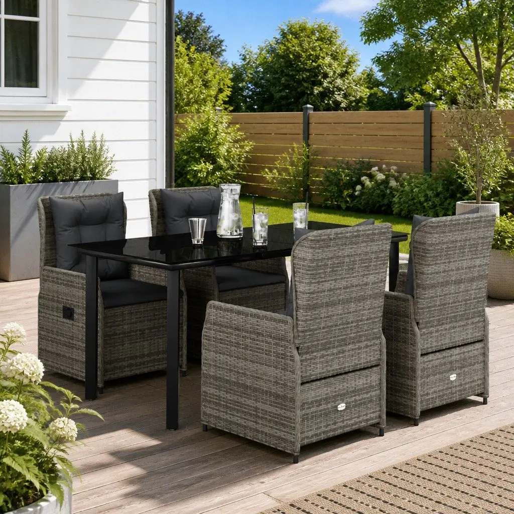 5 Piece Garden Dining Set Grey Poly Rattan with Cushions