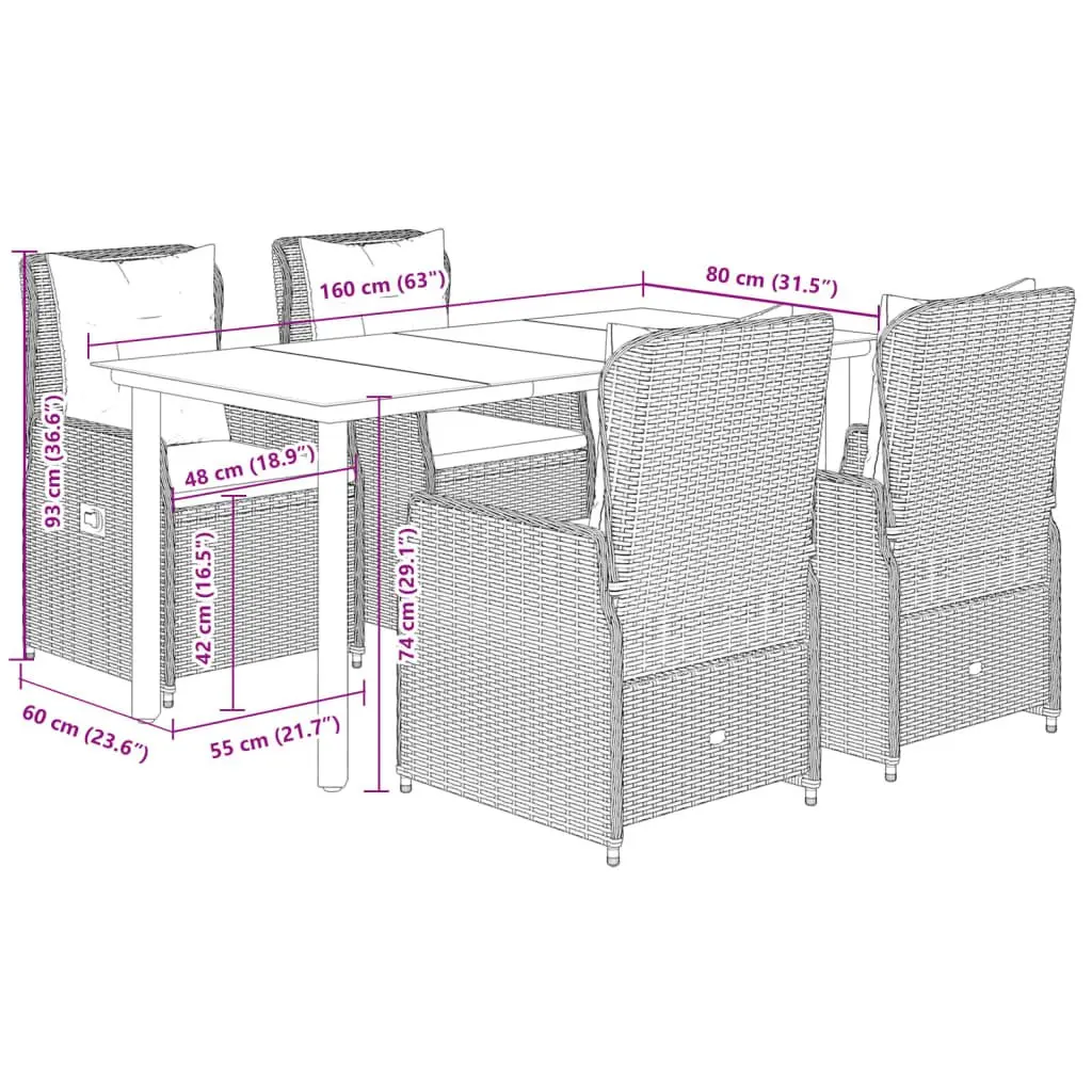 5 Piece Garden Dining Set Grey Poly Rattan with Cushions