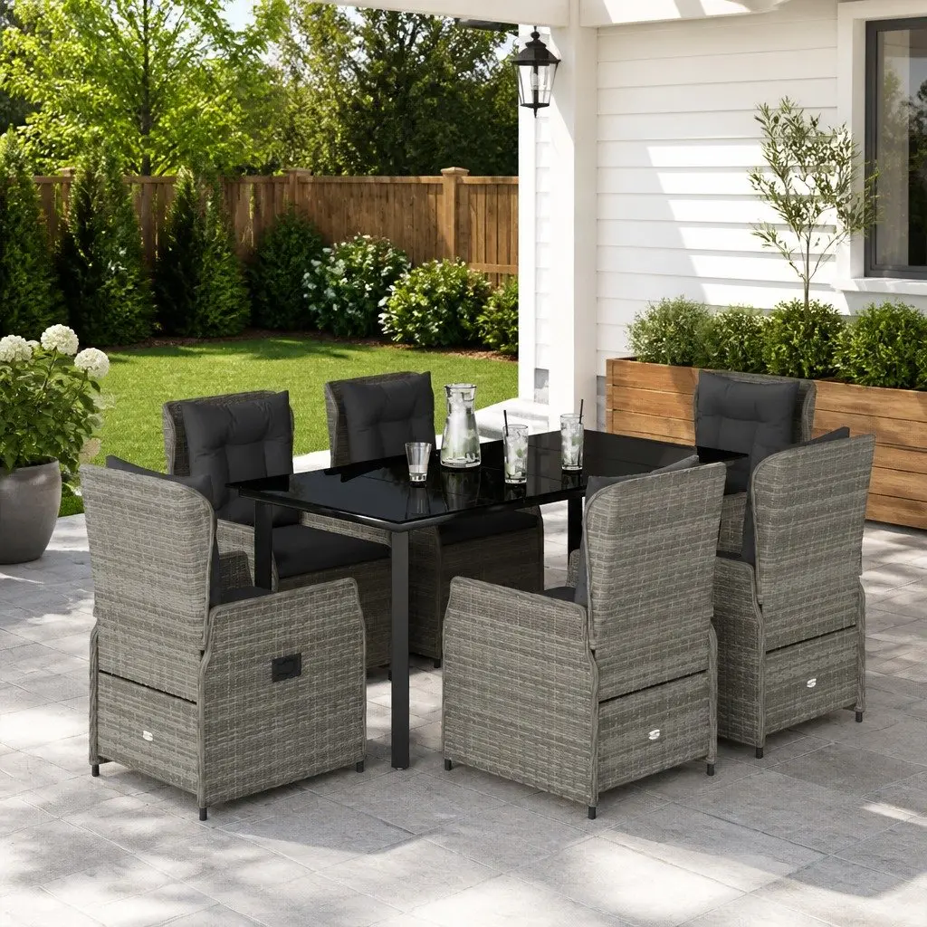Outdoor Dining Set Grey Poly Rattan 7 Piece with Cushions
