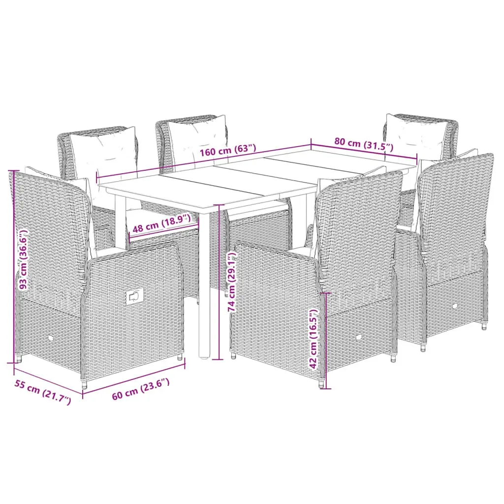 Outdoor Dining Set Grey Poly Rattan 7 Piece with Cushions