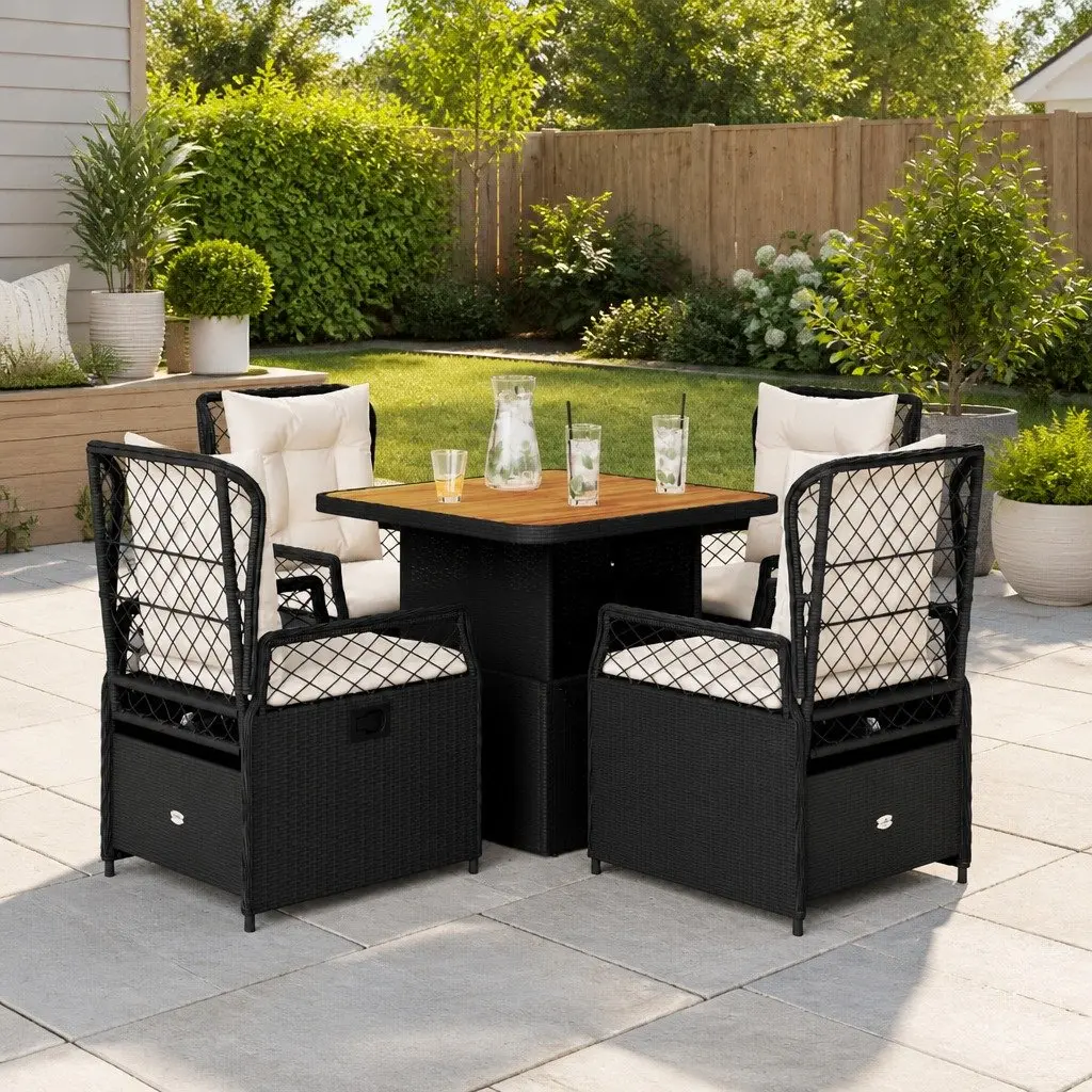 Garden Dining Set 5 Piece Black Poly Rattan with Cushions