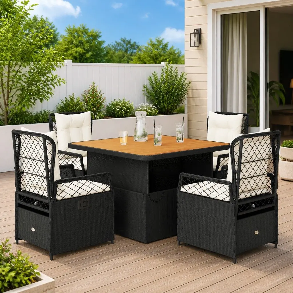 5 Piece Garden Dining Set with Rattan and Wood