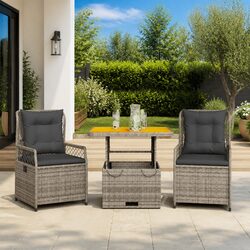 3 Piece Garden Dining Set with Cushions Grey Poly Rattan Adjustable Backrest