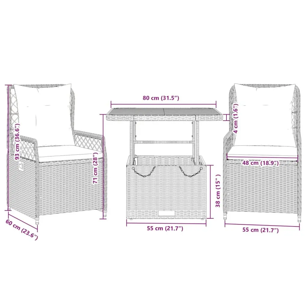 3 Piece Garden Dining Set Grey Poly Rattan Adjustable Backrest